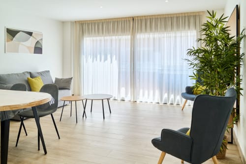 Sala moderna del apartamento Tr3sor Homes en Calella con sofá gris, silla negra, mesa de madera y decoración con plantas
