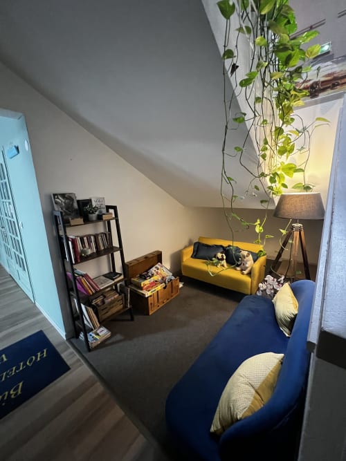 Cozy loft bedroom at Hôtel les Alizés with yellow and blue seating, cascading plants, and bookshelves in Puget-Théniers