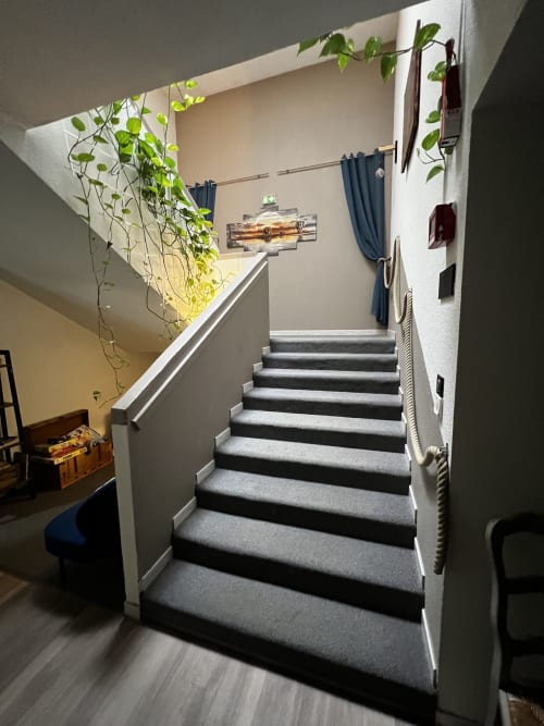 Modern staircase at Hôtel les Alizés with black and gray steps, white railings, hanging plants, and blue curtains