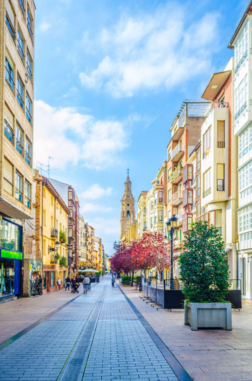 Calle peatonal colorida en Logroño con edificios históricos, campanario y árboles en flor cerca de Muro 13 El Mirador del