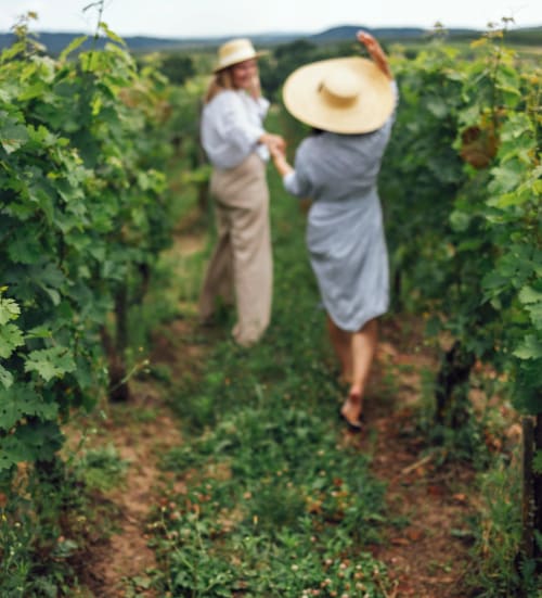 Deux vignerons en chapeaux de paille se promenant dans les vignobles du Domaine des Oiseaux de Passage, Escolives-Sainte-Camille