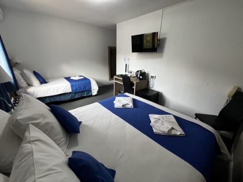 Camera tripla dell'Hôtel les Alizés a Puget-Théniers con letti, TV, scrivania e bagno privato