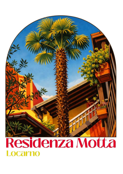 Cortile della Residenza Motta a Locarno con palma, architettura colorata e cielo azzurro