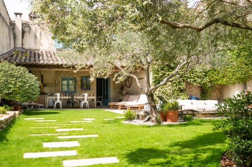 Jardin luxuriant de la cour au Jardin Secret à Grignan avec allées en pierre, olivier et terrasse