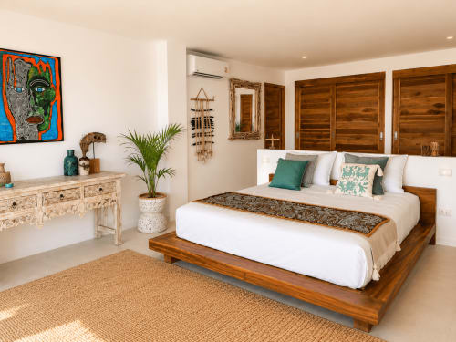 Chambre spacieuse à l'Indigo Villa Samui avec lit en bois, linge blanc, plantes tropicales, mobilier sculpté et vue sur l'océan