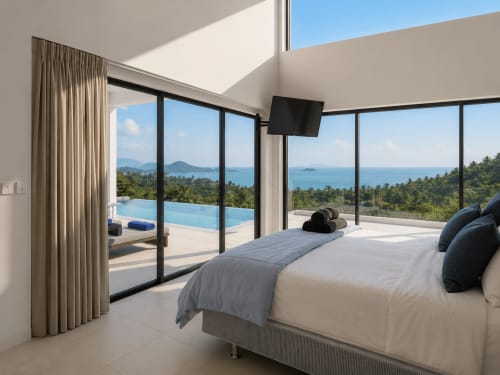 Chambre luxueuse à l'Indigo Villa Samui avec vue mer, piscine à débordement et paysage tropical de Ko Samui