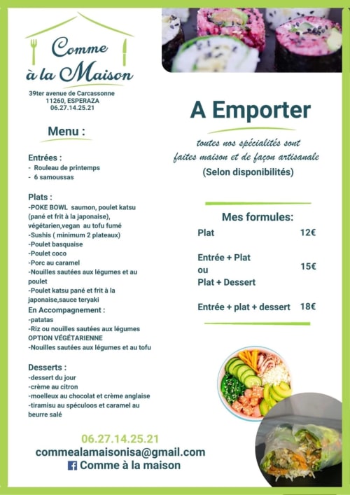 Menu du restaurant Comme à la Maison à Espéraza : poke bowls, sushi et cuisine française locale avec service à emporter