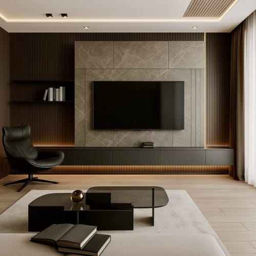 Modern Loft Prestige living room at Le 1 Péraudel Suite in Castres with wall-mounted TV, marble accent wall, and contemporary