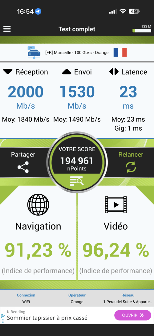 Résultats Speedtest affichant 2000 Mb/s de téléchargement pour le WiFi de Le 1 Péraudel Suite & Appts à Castres
