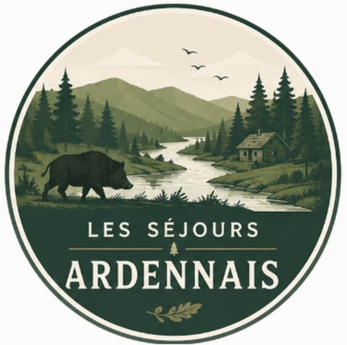 Logo Les séjours Ardennais avec ours, rivière et chalet forestier dans les montagnes ardennaises