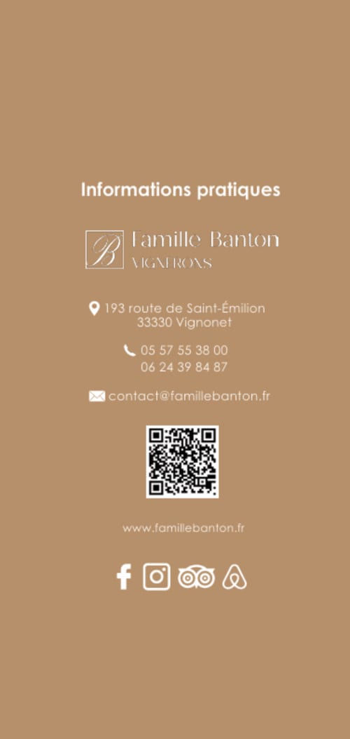 Coordonnées Famille Banton Vignerons : adresse, téléphone, email, code QR et liens réseaux sociaux