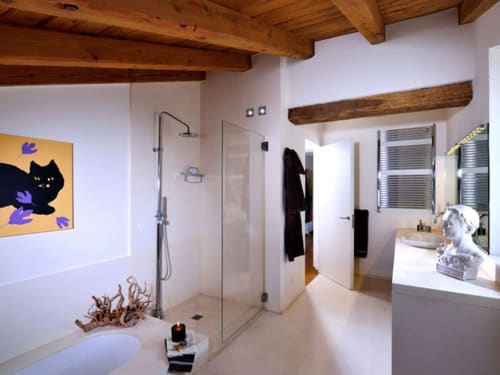 Bagno moderno nella cottage Lodole Country House con travi in legno, doccia walk-in e coloratissimi quadri di gatti a Monzuno