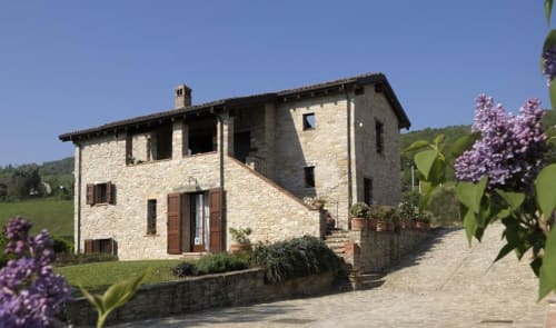 Villa in pietra toscana Lodole Country House a Monzuno con fiori lilla viola e vista sul giardino