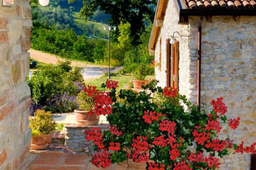 Cortile toscano con fiori rossi in vasi di terracotta presso la Lodole Country House, Monzuno, Italia