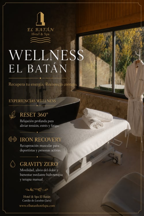 Experiencias de bienestar en El Batán Hotel Spa de Castillo de Locubín con sala de tratamientos spa que cuenta con bañera negra de inmersión y