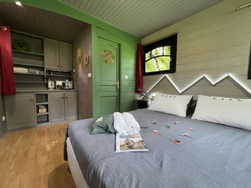 Chambre moderne à La Jument Verte avec accents verts, tête de lit géométrique et kitchenette.