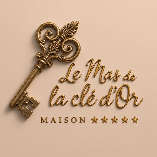 Clé dorée ornementale aux motifs floraux, emblème du Mas de la Clé d'Or, maison de luxe 5 étoiles à Puget sur Argens