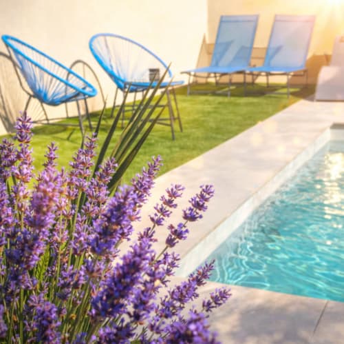 Fleurs de lavande encadrant une terrasse piscine luxueuse aux chaises longues bleues de l'hôtel boutique Le Mas De La Clé D'Or à Puget