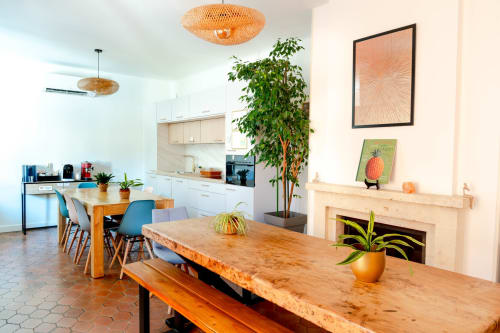 Cuisine-salle à manger moderne au Mas De La Clé D'Or avec tables en bois, plantes et décoration côtière française à Puget sur Argens