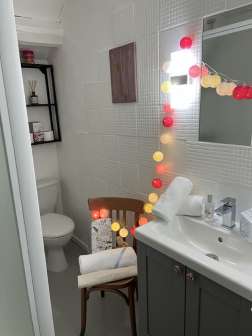 Cozy Balzac apartment bathroom at La Jument Verte B&B, Southern France, with colorful string lights and modern fixtures