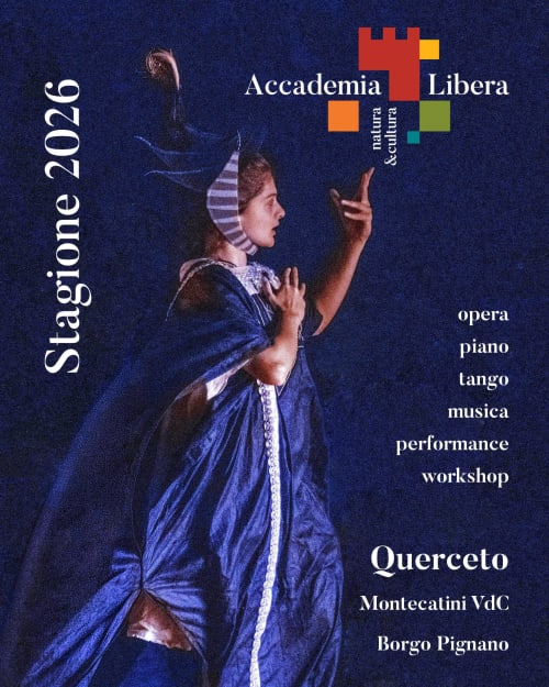 Accademia Libera Stagione 2026, poster della stagione lirica con artista in costume rinascimentale, Montecatini Val di Cecina