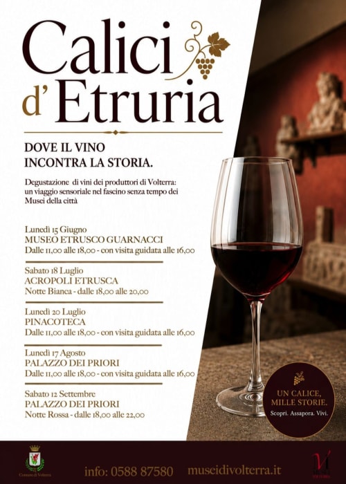 Degustazioni di vini Calici d'Etruria a Volterra con calice di vino rosso e location storiche