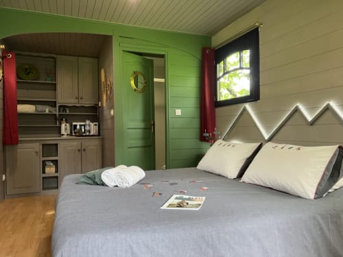 La Roulotte bedroom at La Jument Verte B&B, Southern France, with green walls, kitchenette, and geometric headboard.