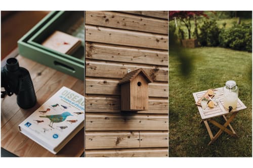 Gîtes du Bulz birdhouse, nature guide, outdoor picnic setup in Pleyber-Christ Brittany
