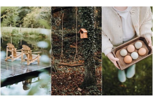 Rustic countryside scenes at Gites du Bulz: wooden chairs by pond, swing, birdhouse, fresh eggs in basket
