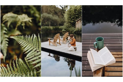 Gîtes du Bulz nature escape: fern details, lakeside relaxation with Adirondack chairs, peaceful reading moment on deck