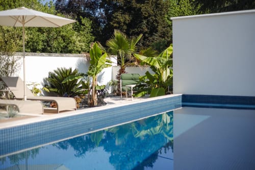 La piscine L'Ode à Pierre avec palmiers et espace détente à Dax, France