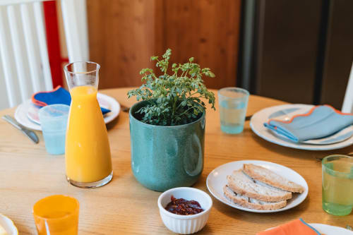 Breakfast table at Cascais Garden House with fresh orange juice, toast, herb plant, and place settings