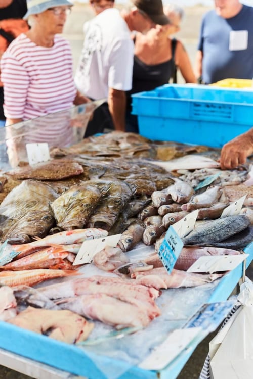 Fresh seafood display at Pleyber-Christ market near Gites du Bulz, Brittany accommodation