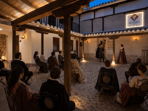 Evening theater performance in courtyard at Retiro del Teatro, Almagro, with audience seated under wooden pergola