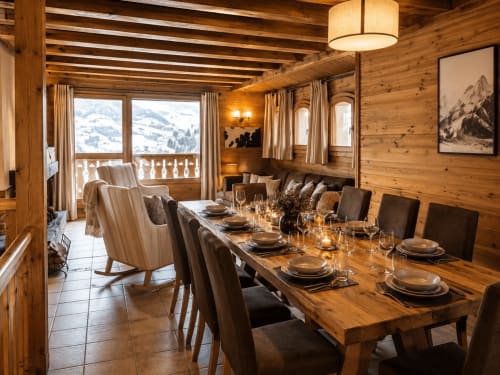 Salle à manger alpine luxueuse avec poutres en bois, vue montagne et table dressée aux Étoiles de la Plagne, Belle Plagne