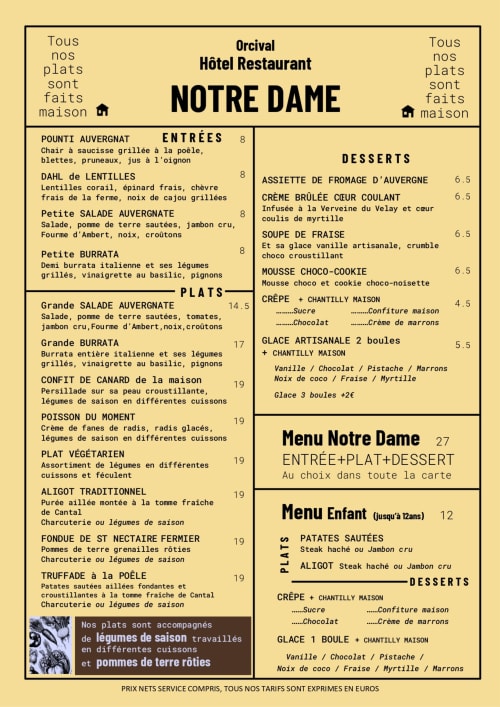Menu du Hôtel Restaurant Orcival Notre Dame proposant la cuisine française : entrées, plats et desserts avec tarifs en euros