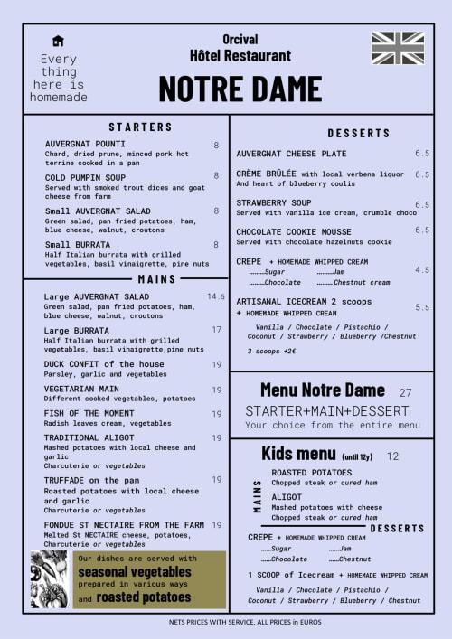 Menu de l'Hôtel Restaurant Notre Dame d'Orcival proposant entrées, plats et desserts faits maison, options enfants en Auvergne, France
