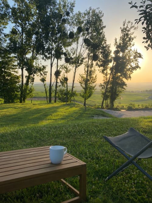 Table en bois avec tasse blanche surplombant les vignobles ondulants du gîte La Cour Tellier, Rilly-la-Montagne
