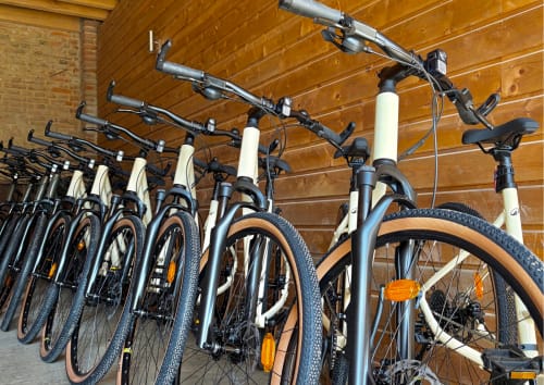 Rangée de vélos aux cadres crème et noir à la location Domaine Les Racines à Croix-Moligneaux