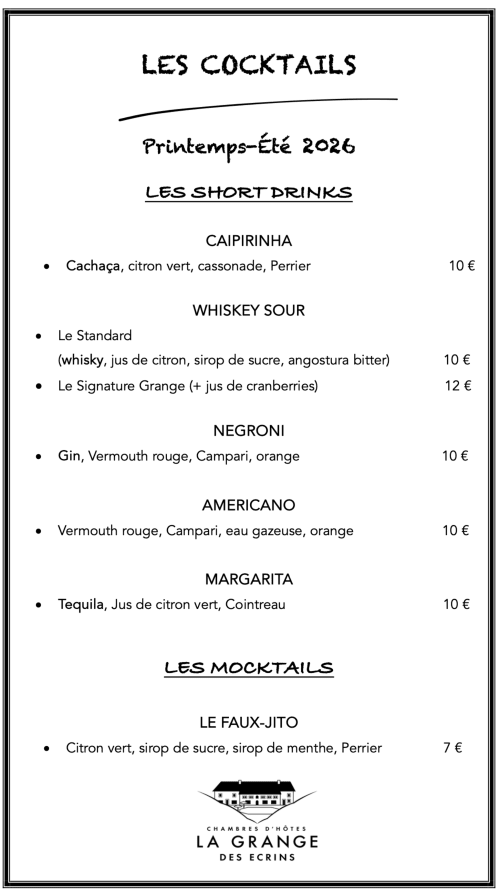 Carte des cocktails La Grange des Écrins pour le printemps-été 2026 avec short drinks et mocktails