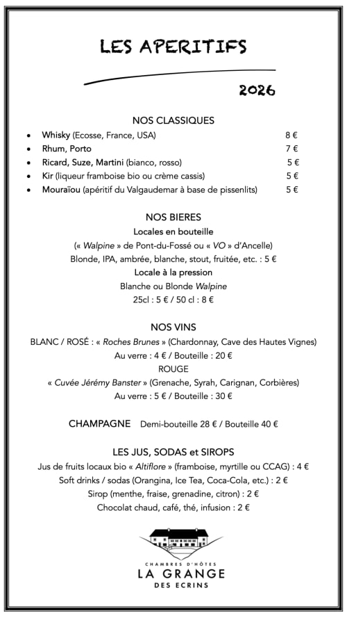 Menu apéritif La Grange des Écrins 2026 : vins, bières, spiritueux et boissons à Chabottes