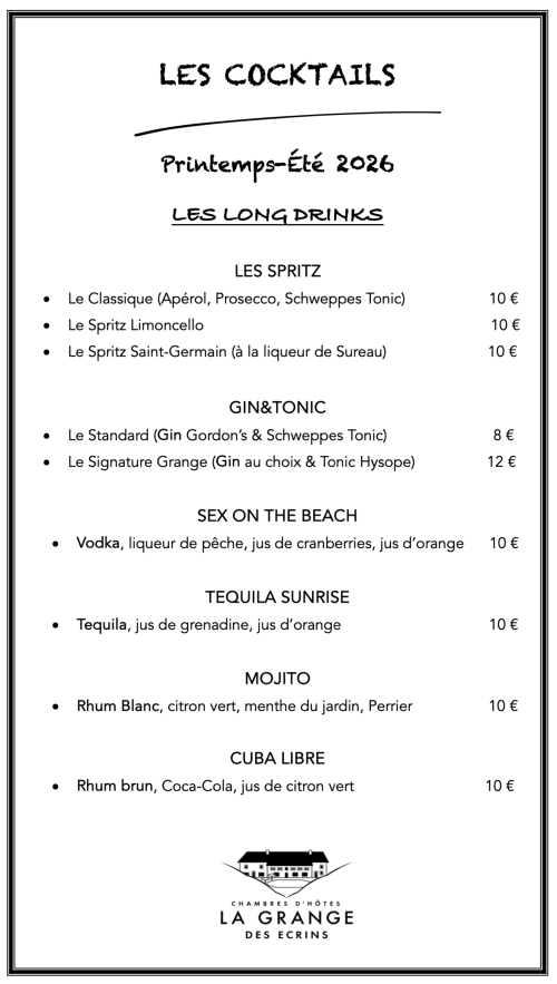 Carte des cocktails printemps-été 2026 de La Grange des Écrins : spritz, gin & tonic et boissons tropicales