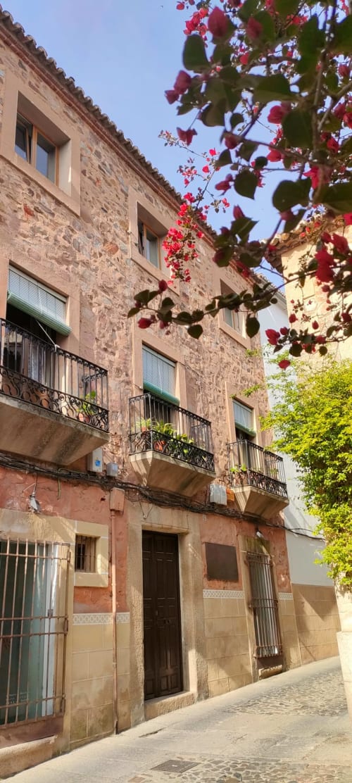 Histórico edificio de piedra con flores rojas florecientes en Cáceres, fachada del hotel Mirador Medieval