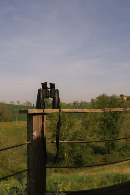 Jumelles sur une clôture en bois surplombant les jardins verdoyants du gîte Domaine Langelet, Saint-Gauzens