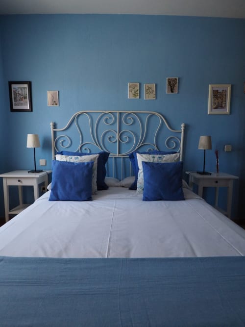 Dormitorio en Rural Senda del Duratón con cama de hierro forjado ornamental, paredes azules, ropa blanca y láminas botánicas