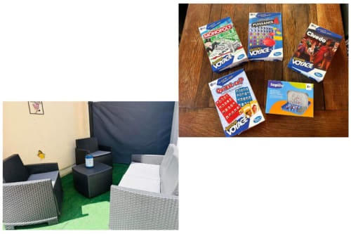 Salle de jeux Au Richebourg Nogent avec sièges en osier, jeux de société et espace de détente à Nogent-sur-Seine