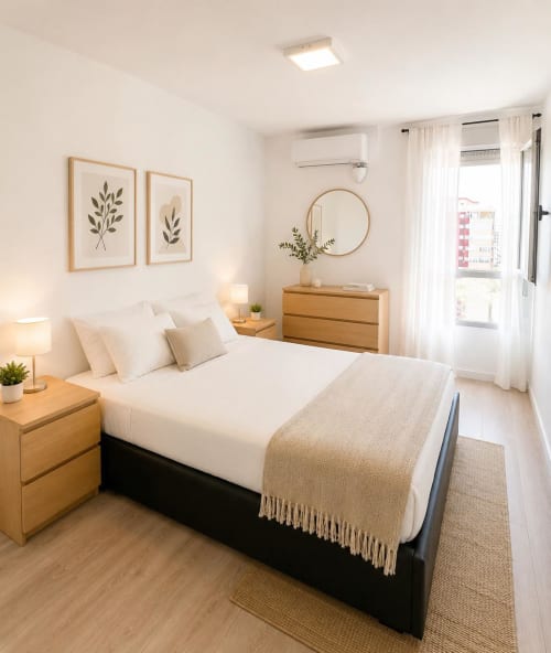 Dormitorio moderno y luminoso en ML Apartments con muebles de madera, ropa de cama blanca, arte botánico y acceso a balcón con vistas