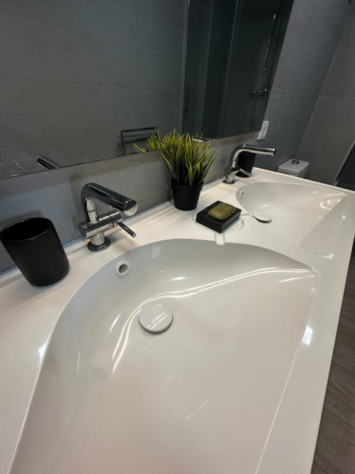 Baño moderno con encimera blanca, lavabos dobles, herrajes negros y planta decorativa en ML Apartments