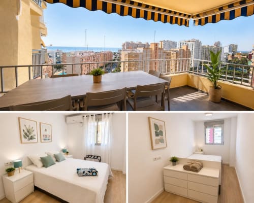 Terraza frente al mar de ML Apartments con área de comedor con vistas al Mediterráneo y edificios costeros, más dormitorio luminoso