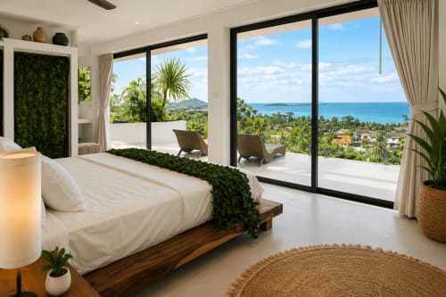 Chambre luxueuse de l'Indigo Villa Samui avec vue océan, plantes tropicales et équipements modernes surplombant Koh Samui